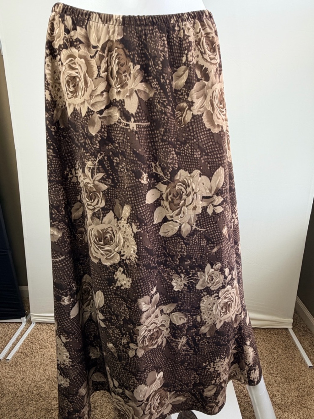 Leslie Fay Brown Floral Midi Skirt Size 18 Elastic Waist Vintage Style